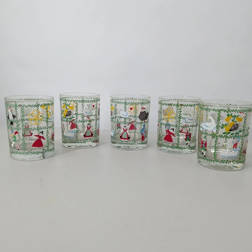 Indiana Glass 12 Days of Christmas Rocks Glasses Set 5 Holiday Folk Art Lowball
